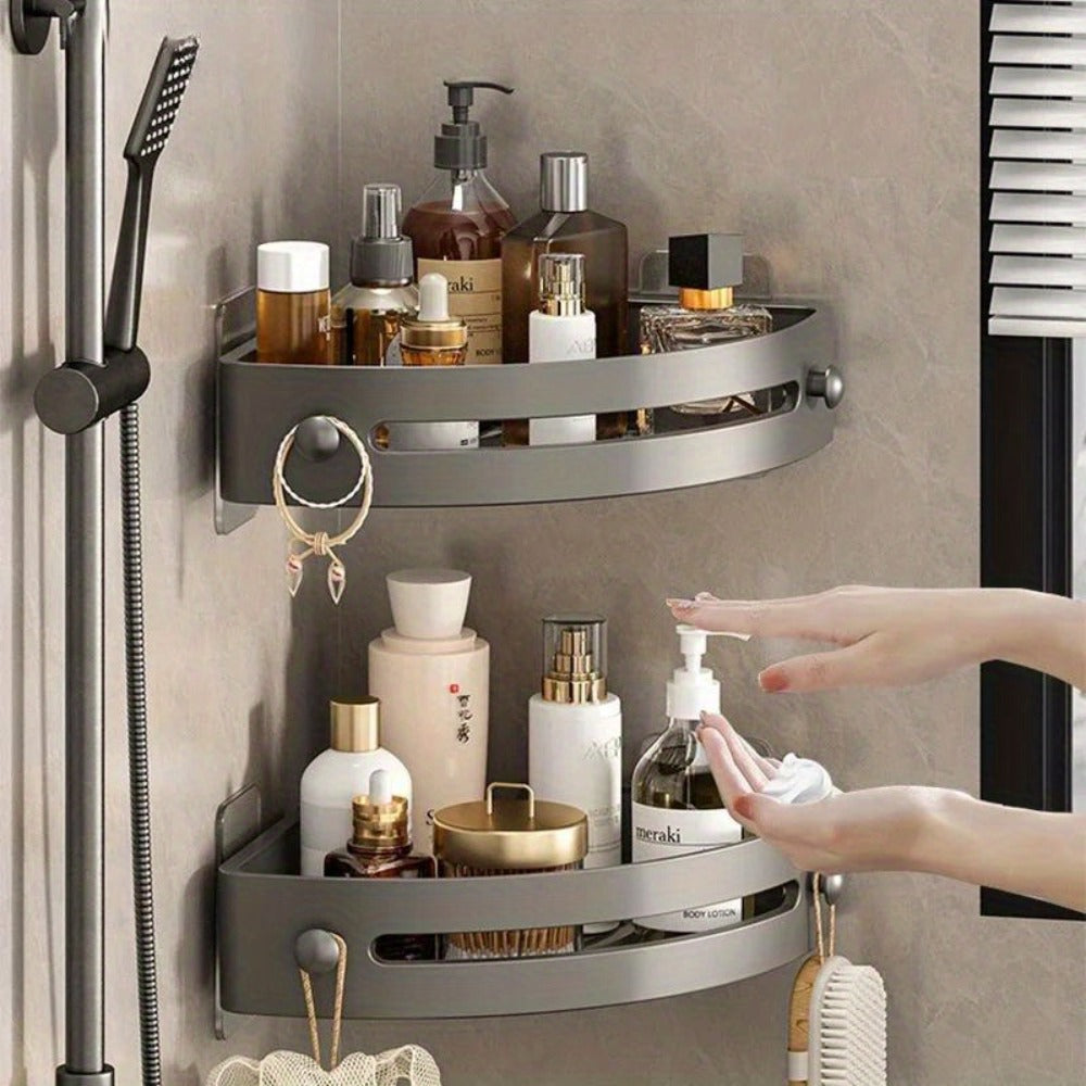 Corner Shower Shelf 2-Layer Nail-Free Bathroom Caddy, No Drill Plastic Shampoo Holder & Organizer for Shower
