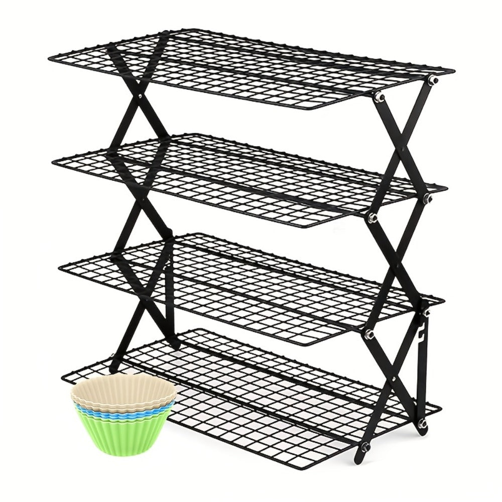 4-Tier Collapsible Cooling Rack Set with Muffin Cups – Metal Wire Baking Rack for Cookies Cakes for Grilling, Camping and Outdoor Meals