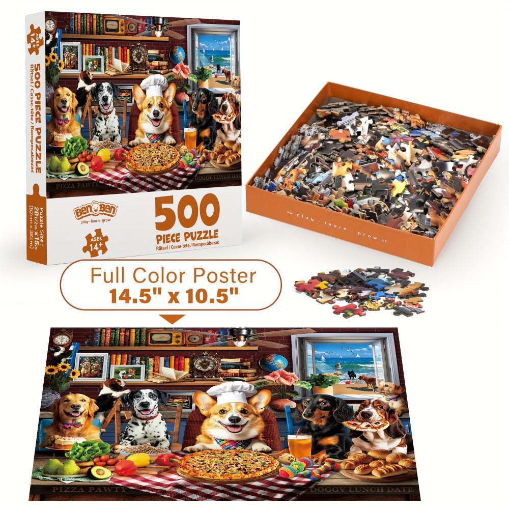 Dogs Dinner Party Jigsaw Puzzle 500 & 1000 Pieces for Adults – Funny Dog Art Puzzle with Letters on Back & Reference Poster