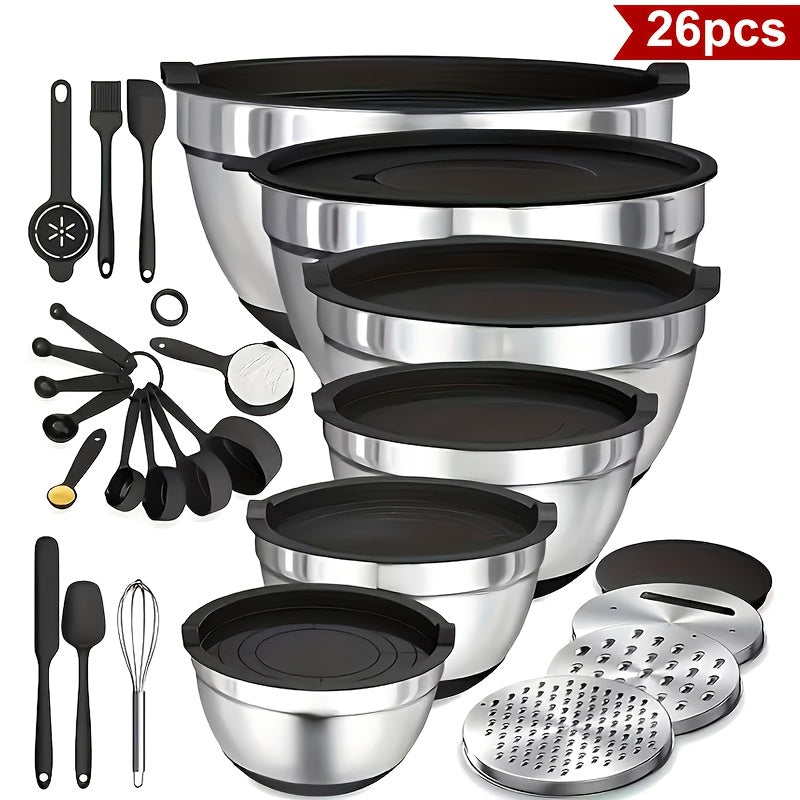 Stainless Steel Mixing Bowls with Airtight Lids 26pcs Set, 3 Grater Attachments, Bottoms, 7Qt 4Qt 2.5Qt 2Qt 1.5Qt 1Qt