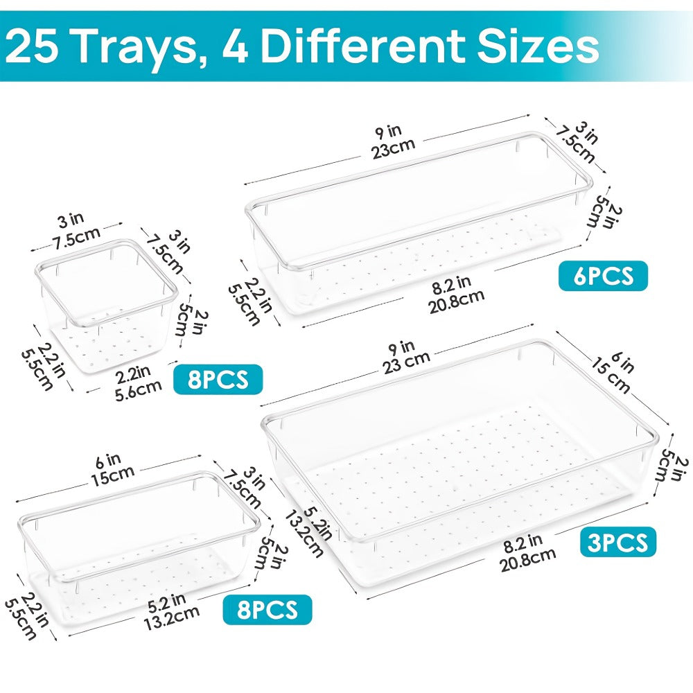 Drawer Storage Organizer Trays 25-Pack in Four Sizes for Kitchen, Desk, Vanity or Dresser Use