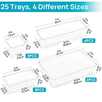 Drawer Storage Organizer Trays 25-Pack in Four Sizes for Kitchen, Desk, Vanity or Dresser Use