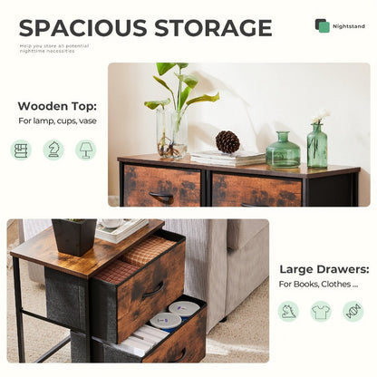 Nightstand with 2 Storage Drawers, 20" Bedside Table with Wooden Top & Fabric Cabinet, Steel Frame Mini Dresser for Bedroom
