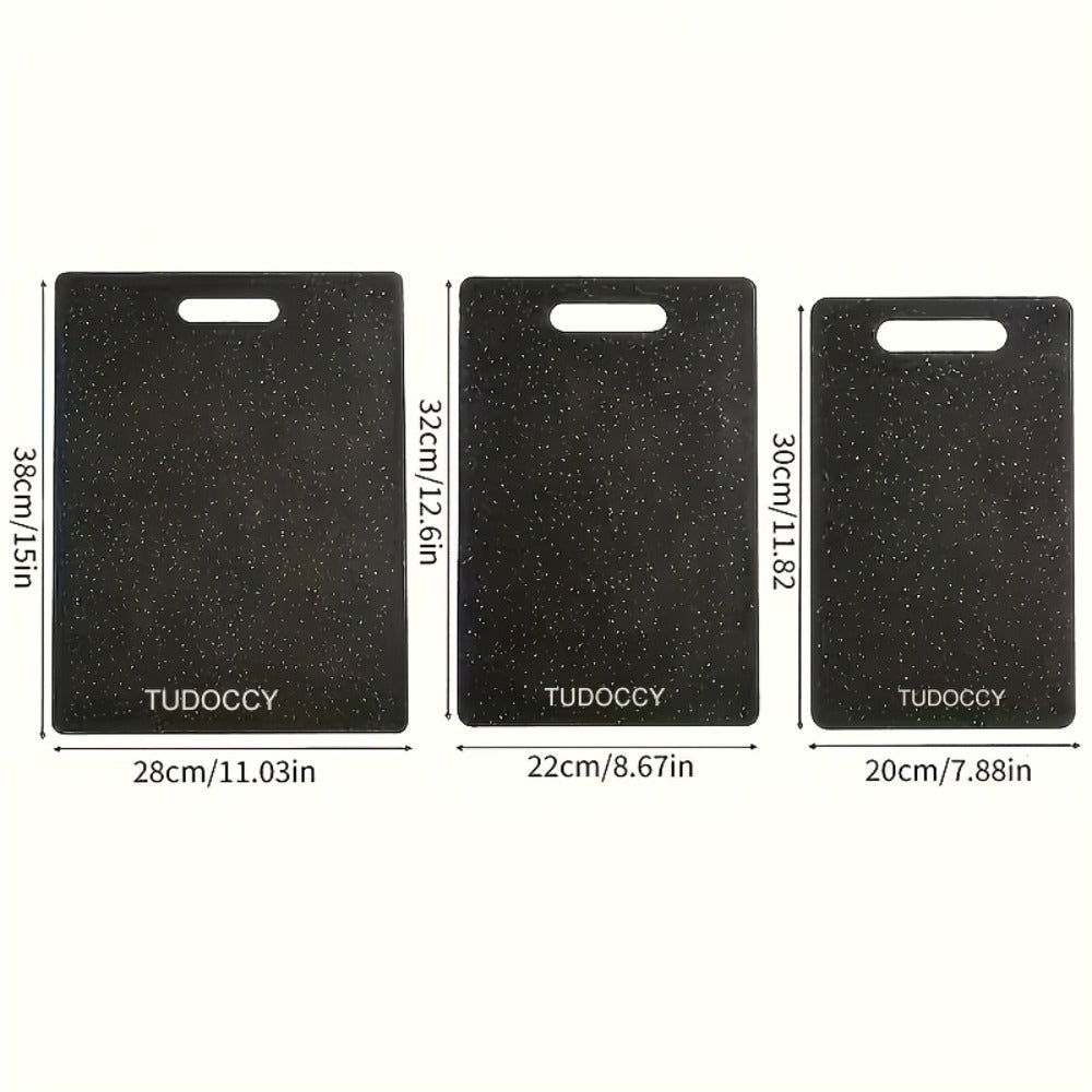 Cutting Board TUOOCY Three-Piece Black Speckled Plastic Set with Handles in Three Graduated Sizes