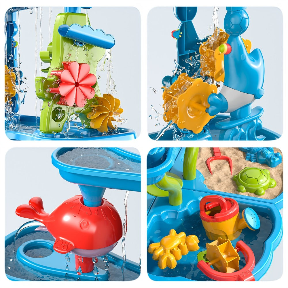 Water Play Table for Kids Double-Sided Waterfall & Beach Sand Zone, Outdoor Sensory Activity Toy for Toddlers Ages 3+
