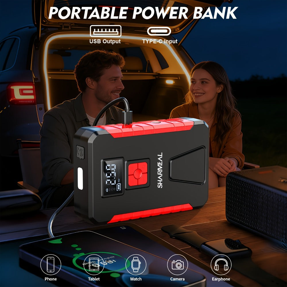 Portable Jump Starter with Air Compressor – 15000A-19000A Peak 350PSI 12V 17-in-1 Car Battery Jump Starter, Digital Display