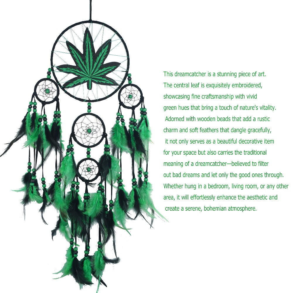 Bohemian Dream Catcher with Feathers & Leaf Embroidery, Boho Wall Hanging Decor for Bedroom, Bedside