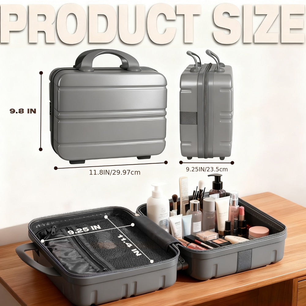 Hard Shell Makeup Travel Case Waterproof Pressure-Proof Portable Cosmetic Suitcase with Elastic Band Luggage Attachment Carry-On Organizer