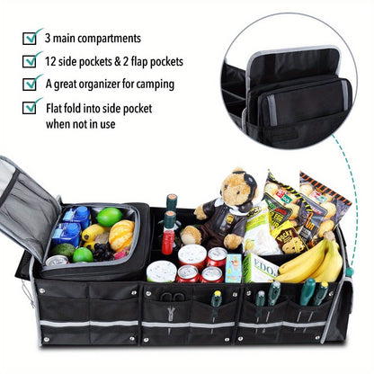 Collapsible Car Trunk Organizer with Three Compartments, Removable Dividers, Lid and Tie-Down Straps