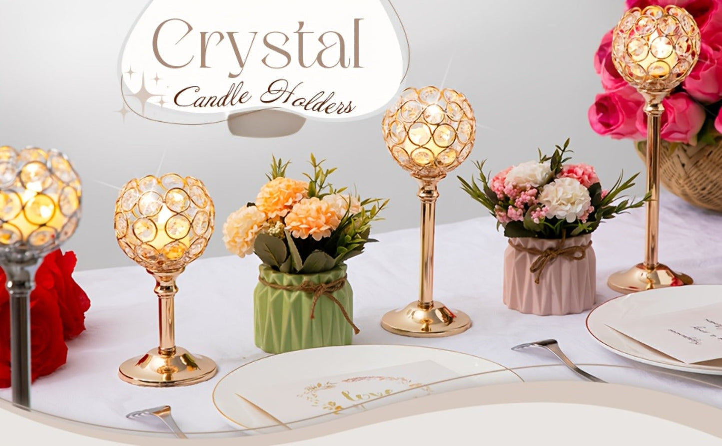 Crystal Candle Holders Set of 3 - Windproof Glass Taper Candle Holder for Wedding Table Centerpiece