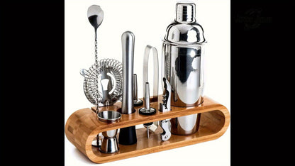 Bartender Set 10-Piece Stainless Steel Cocktail Shaker Bar Tool Kit with Bamboo Stand Home for Entryways, Bedrooms and Living Spaces