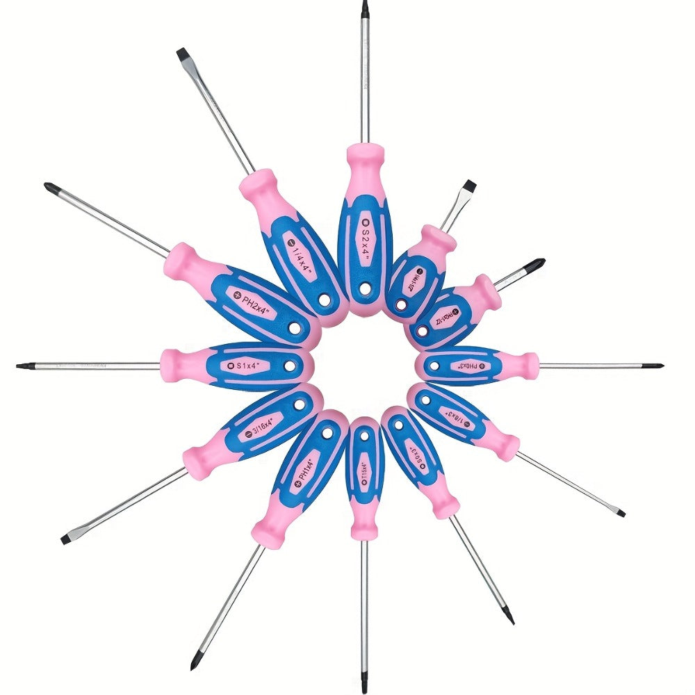 Pink 12-Piece Screwdriver Set with Slotted, Phillips and Torx Drivers in Model YW073 Configuration