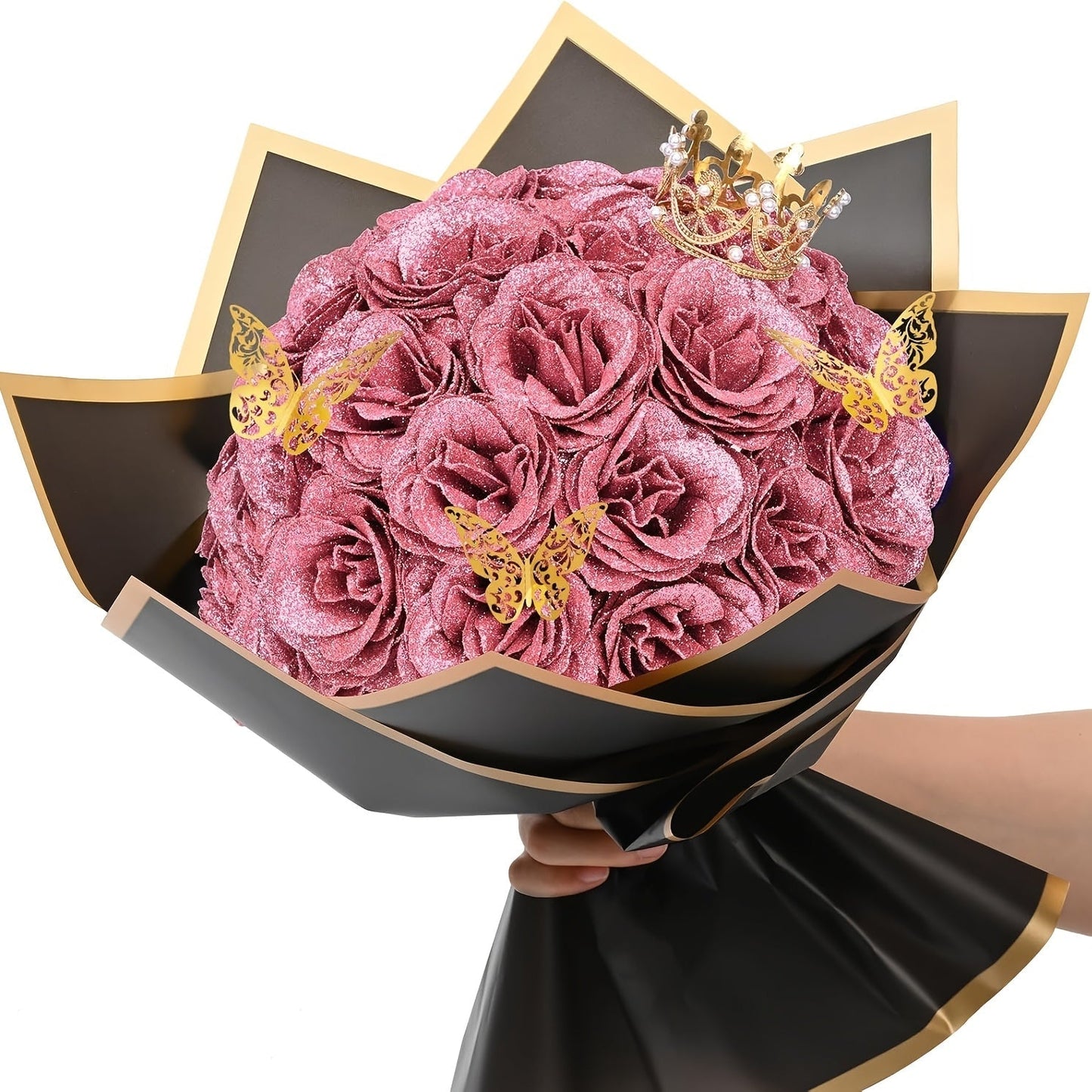 Artificial Flowers Glitter Rose Bouquet in 24 or 36-Piece Sets with Nine Sparkling Color Options