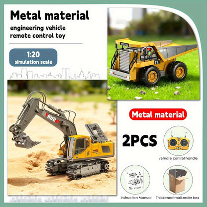 Remote Control Excavator Toy Set for Kids with Metal Shovel Bucket LED Lights & 1200mAh Rechargeable Battery