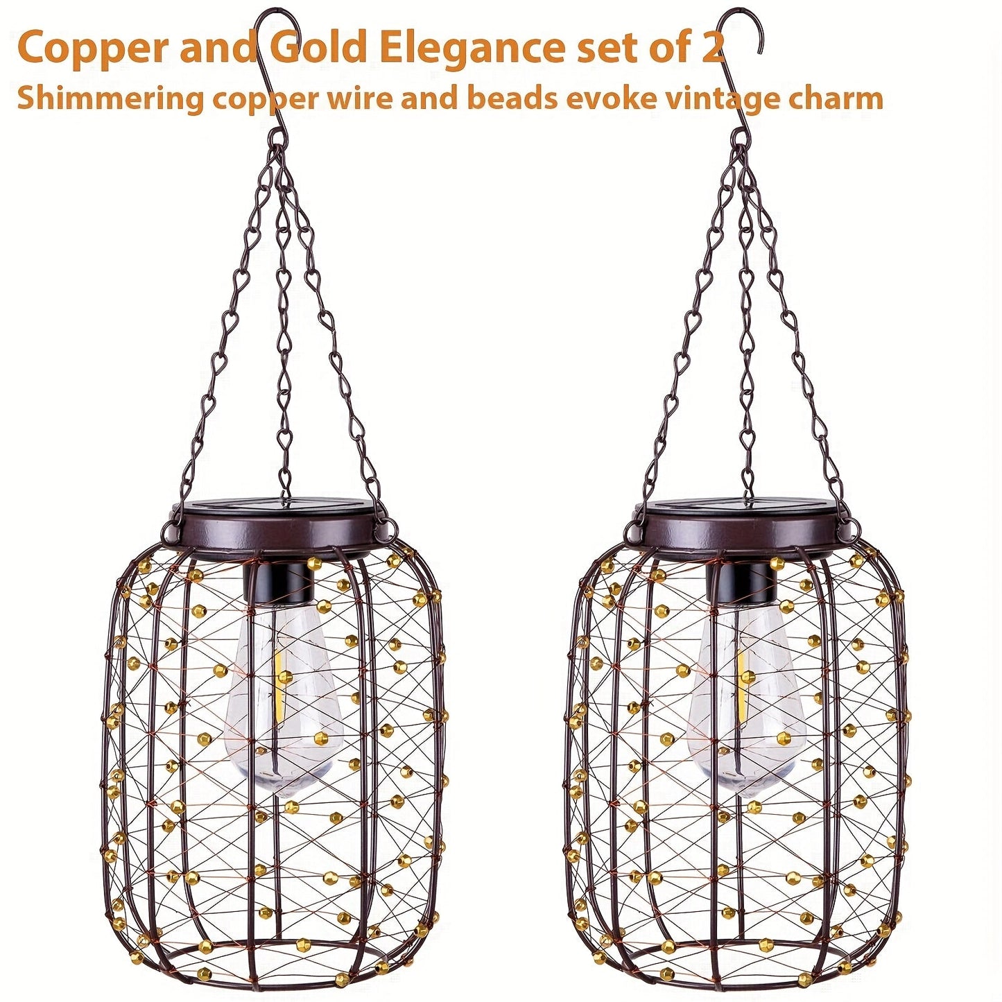 Solar Hanging Lanterns 2 Pack Outdoor Vintage Copper Wire LED Lantern Lights for Garden Patio Porch Gazebo Pergola Pathway Yard Decor