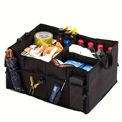 Car Trunk Organizer, Foldable Nylon Cargo Box with Adjustable Securing Straps, Side Pockets and Carry Handles