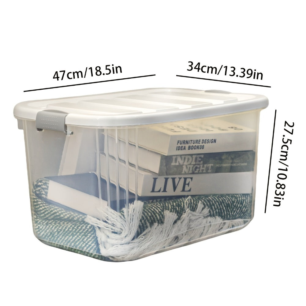 Four-Pack 46-Quart Clear Storage Bins with Latching Lids, Side Handles and Stackable Shape