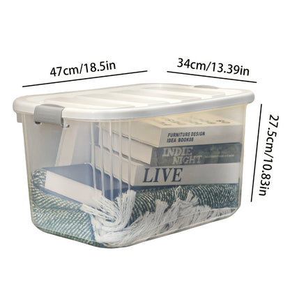 Four-Pack 46-Quart Clear Storage Bins with Latching Lids, Side Handles and Stackable Shape