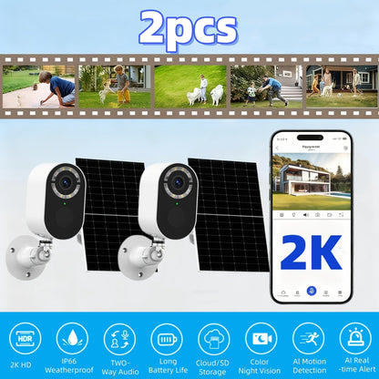 Security Camera 2K Solar Outdoor Model with Color Night Vision, Two-Way Audio, Human-Figure Alarm and Four Bundles