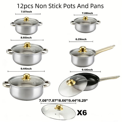 Cookware Set, 10-, 12- or 15-Piece Stainless Steel Deep Pots with Glass Lids, Double Handles and Three Finishes