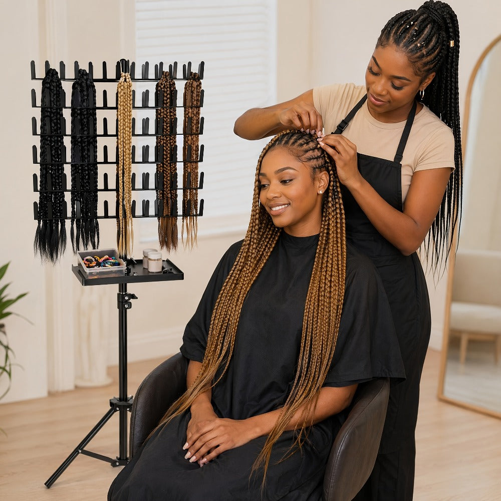 Braiding Hair Rack 144 Pegs Height Adjustable 2-Side Hair Extension Holder Stand with Tray – Foldable Portable Professional Braiding Station
