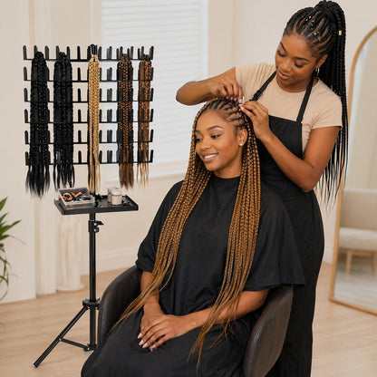 Braiding Hair Rack 144 Pegs Height Adjustable 2-Side Hair Extension Holder Stand with Tray – Foldable Portable Professional Braiding Station