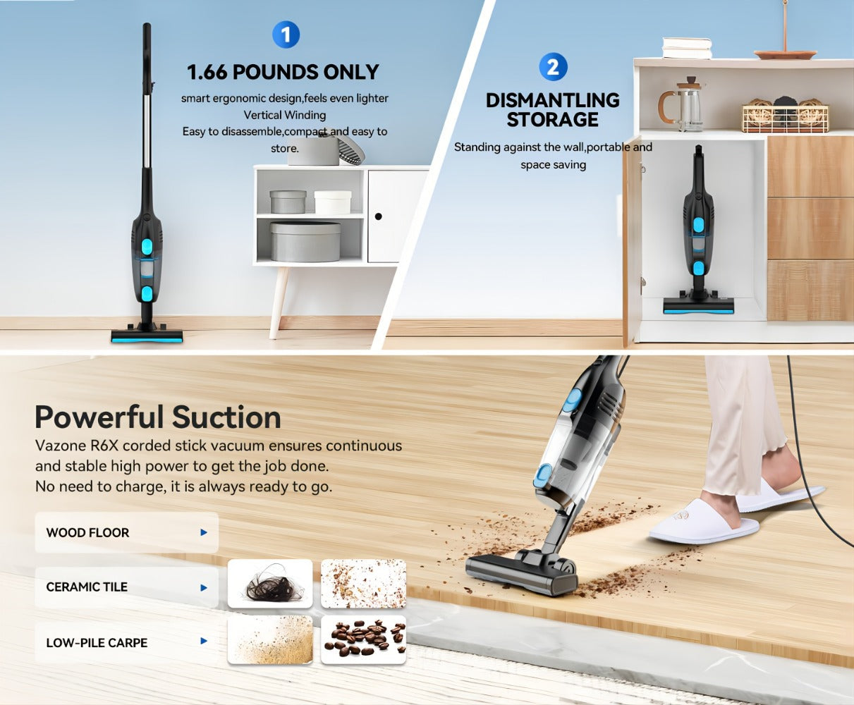 Cordless Stick Vacuum 30KPa 600W Motor 68oz Bagless Upright Vacuum Cleaner for House Car Hard Floor Carpet Pet Hair Multi-Color