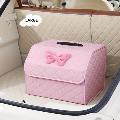 Car Trunk Organizer, Foldable Faux Leather Bow-Detail Box in 30L or 35L Size with Pink and Black Options
