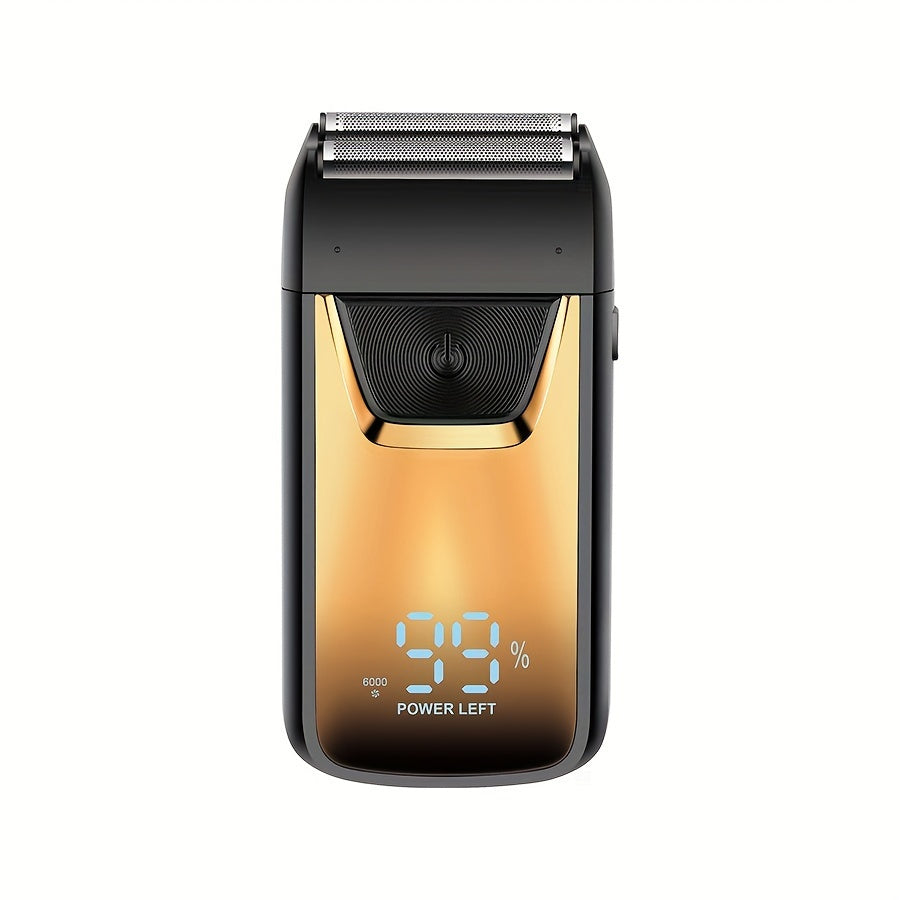 Golden-and-Black Electric Foil Shaver with Rectangular Head, Front Display and Charging Stand