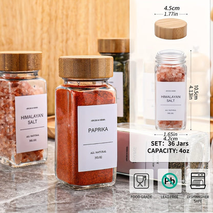 Glass Spice Jars 4oz with Bamboo Lids Labels and Collapsible Funnels Seasoning Storage for Home Cooking, Dining and Outdoor Meals