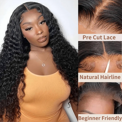 Lace Front Wig Deep-Wave Human Hair, 14-Inch Natural Black with 250% Density and Pre-Cut Buckle Cap