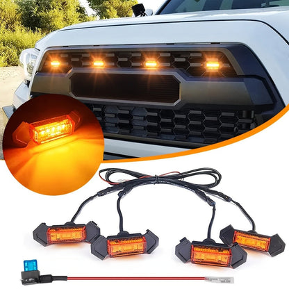 Grille LED Lights 4pcs – Amber Yellow 12V Front Grille Decorative Lights, Black Shell, Universal Fit for Toyota