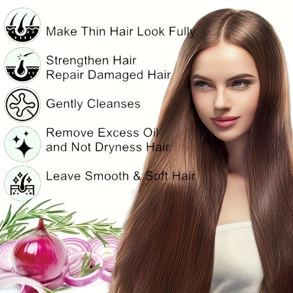 Onion, Biotin and Rosemary-Labeled Shampoo and Conditioner Set in Purple Pump Bottles with Jojoba Oil Wording