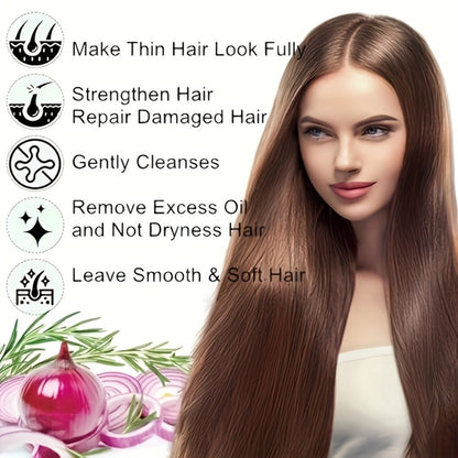 Onion, Biotin and Rosemary-Labeled Shampoo and Conditioner Set in Purple Pump Bottles with Jojoba Oil Wording