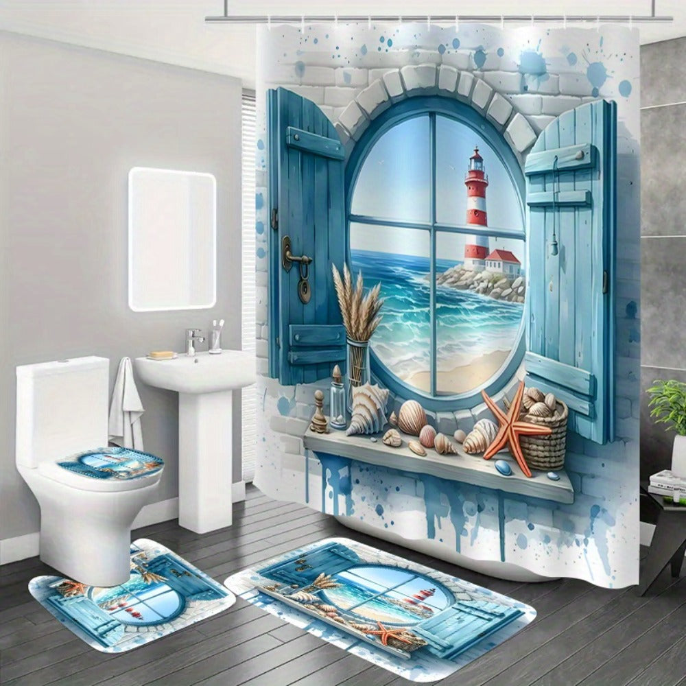 Lighthouse Ocean View Shower Curtain with Single-Curtain or Four-Piece Bathroom Set Checkout Options