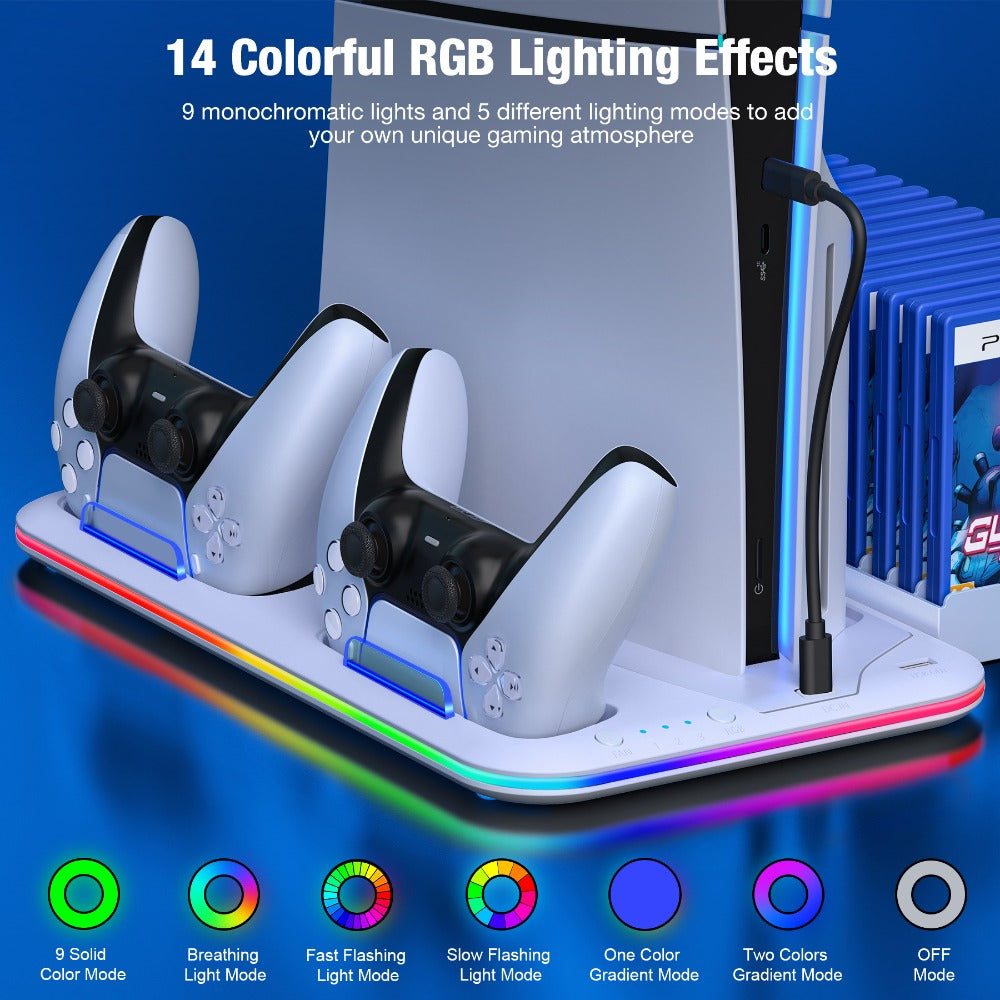 15-Game Storage PS5 Slim Stand with RGB Cooling Fan & Dual Controller Charging Station, Compatible with PS5 Slim Disc & Digital Edition