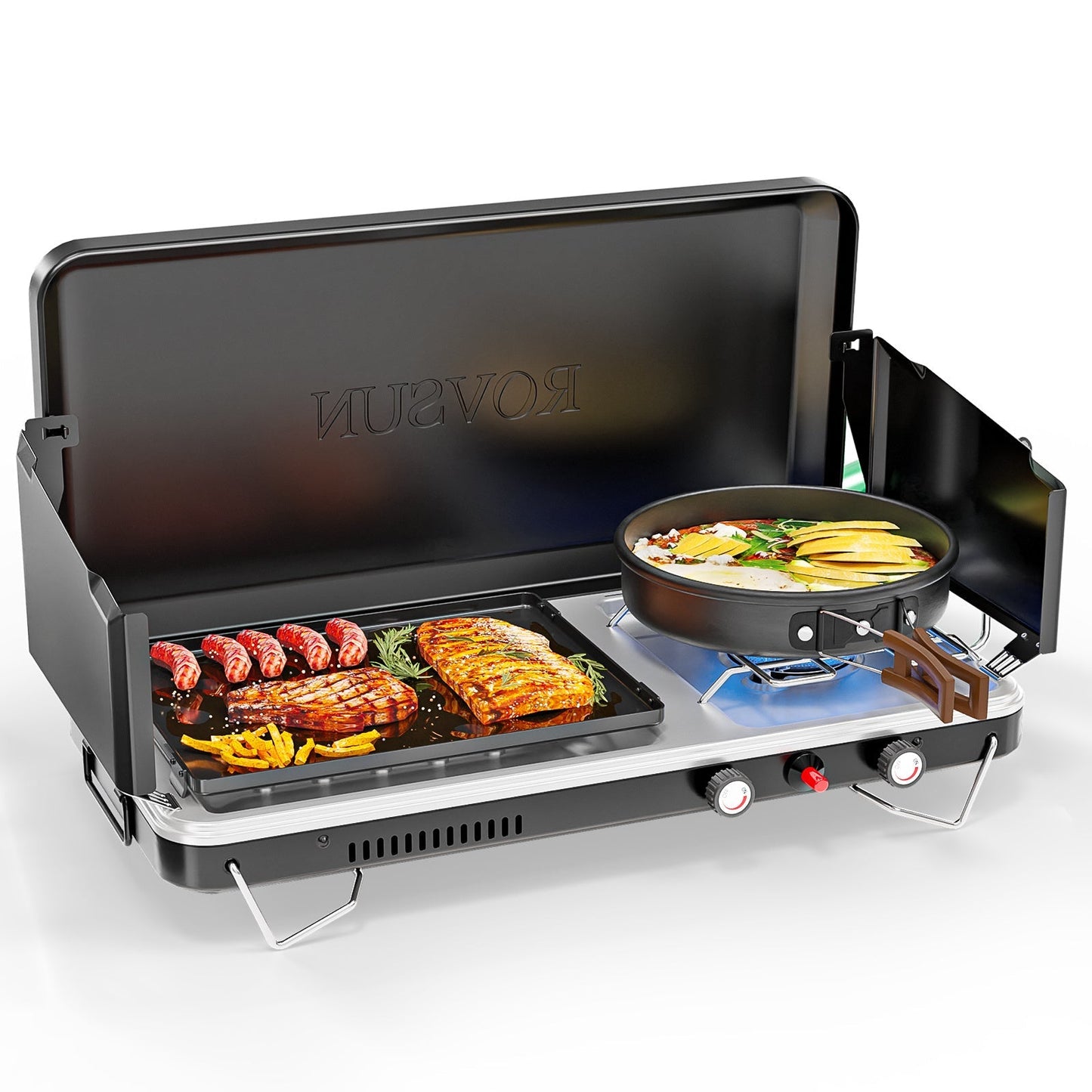Portable Propane Griddle and Burner Camping Stove with Four Color Labels and 23.23-Inch Closed Width