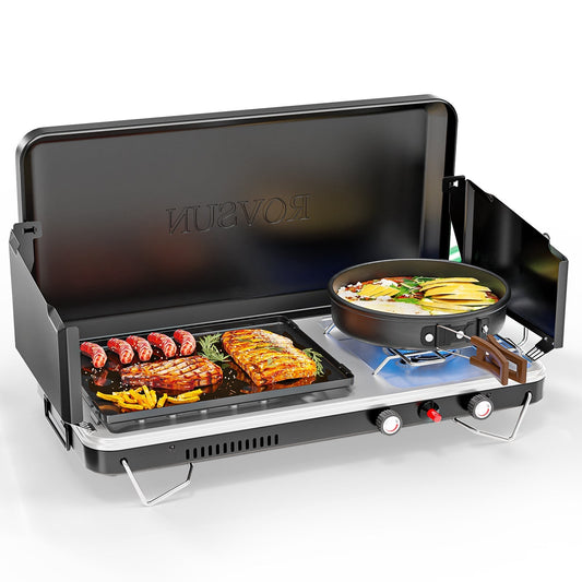 Portable Propane Griddle and Burner Camping Stove with Four Color Labels and 23.23-Inch Closed Width