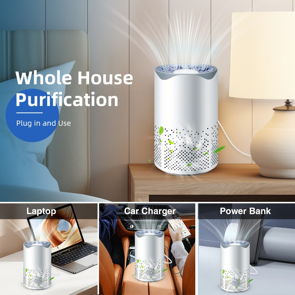 Air Purifier with HEPA Filter, USB Plug-In Power, Sleep Mode, Aroma Sponge and One Replacement Filter