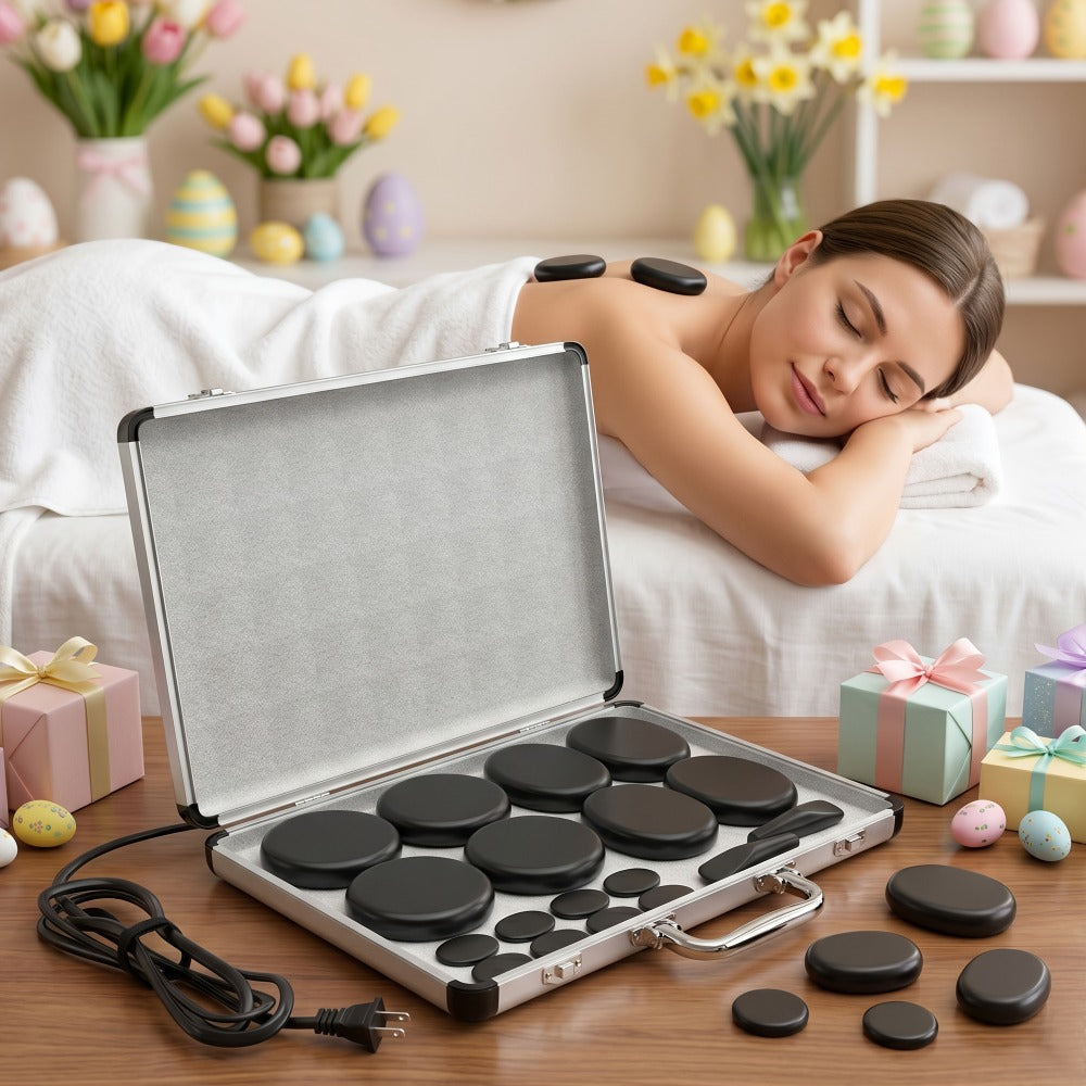 18-Piece Basalt Hot Stone Massage Set with Warmer, 4 Sizes for Full Body Deep Relaxation, Professional