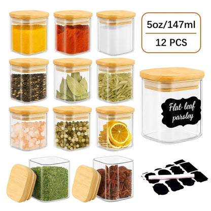 Spice Glass Jars Set with Labels 12pcs, Square Glass Spice Jars with Bamboo Lids, Sticker Labels, 5oz 7oz 9oz Food Storage Containers