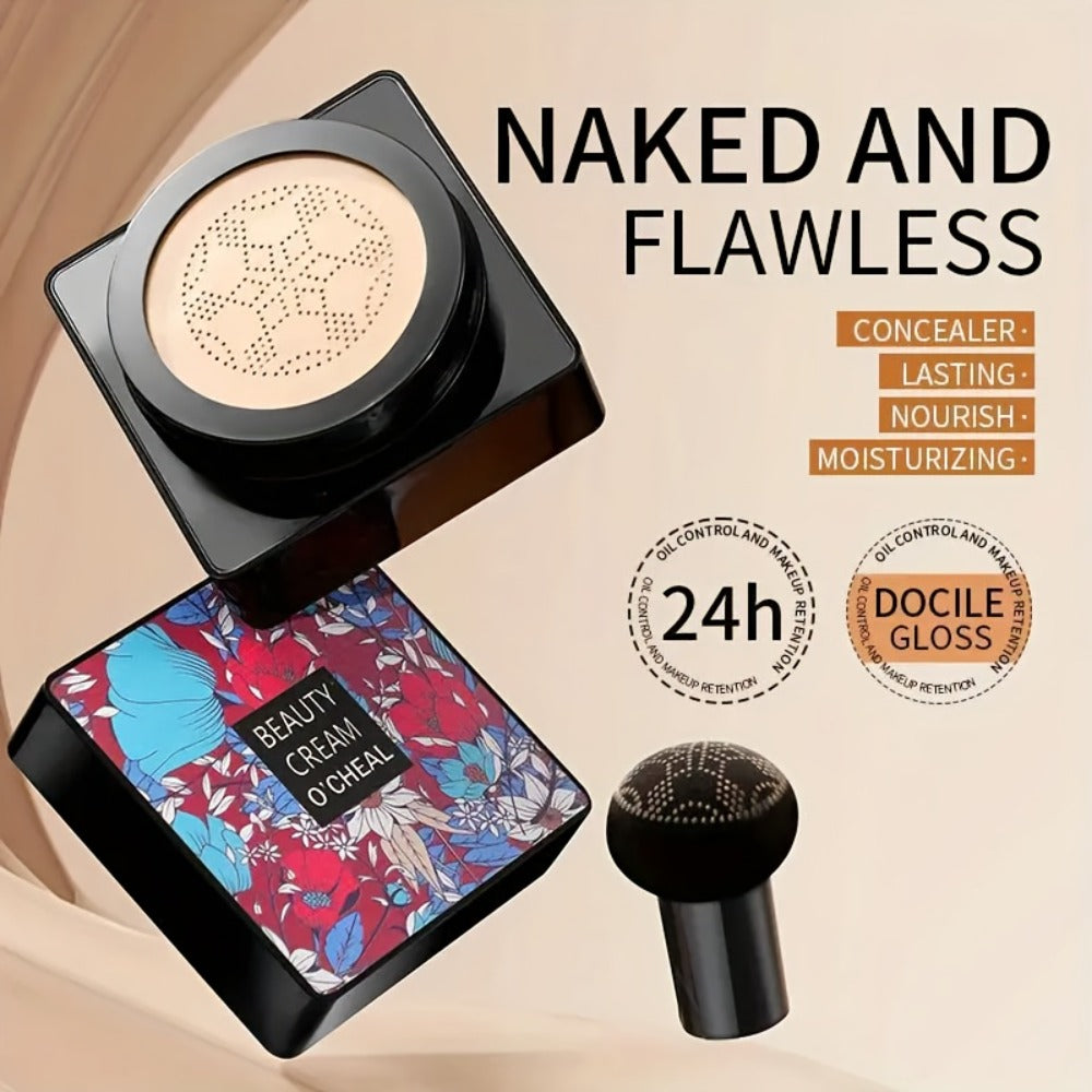 BB CC Cream 2 Pack with Mushroom Air Cushion Puff, Full Coverage Lightweight Makeup Base, Moisture-Retaining Dewy Finish Foundation
