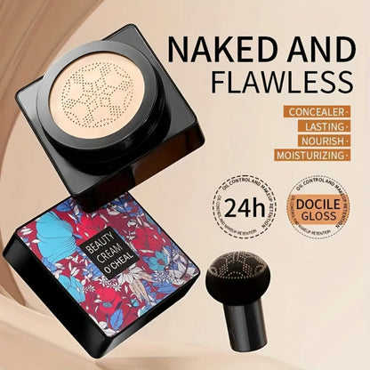 BB CC Cream 2 Pack with Mushroom Air Cushion Puff, Full Coverage Lightweight Makeup Base, Moisture-Retaining Dewy Finish Foundation