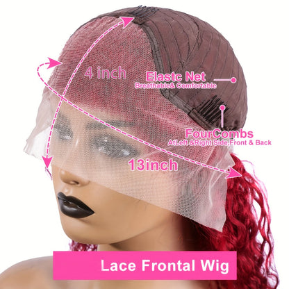 Lace Front Wig 99J Burgundy Deep Wave, 32-Inch Style with 200% Density, 13x4 Front and Four-Comb Cap