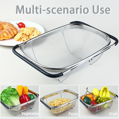 Expandable Sink Colander Stainless Steel, Over the Sink Strainer Basket with Fine Mesh & Rubber Grip