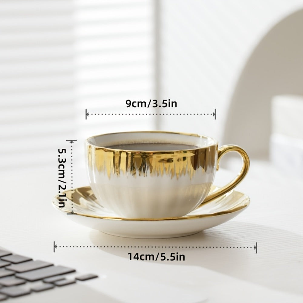European Ceramic Coffee Cup and Saucer Set of 6 – Light Luxury 8.45oz Porcelain Tea Cups with Plates | Elegant Floral Dinnerware for Wedding