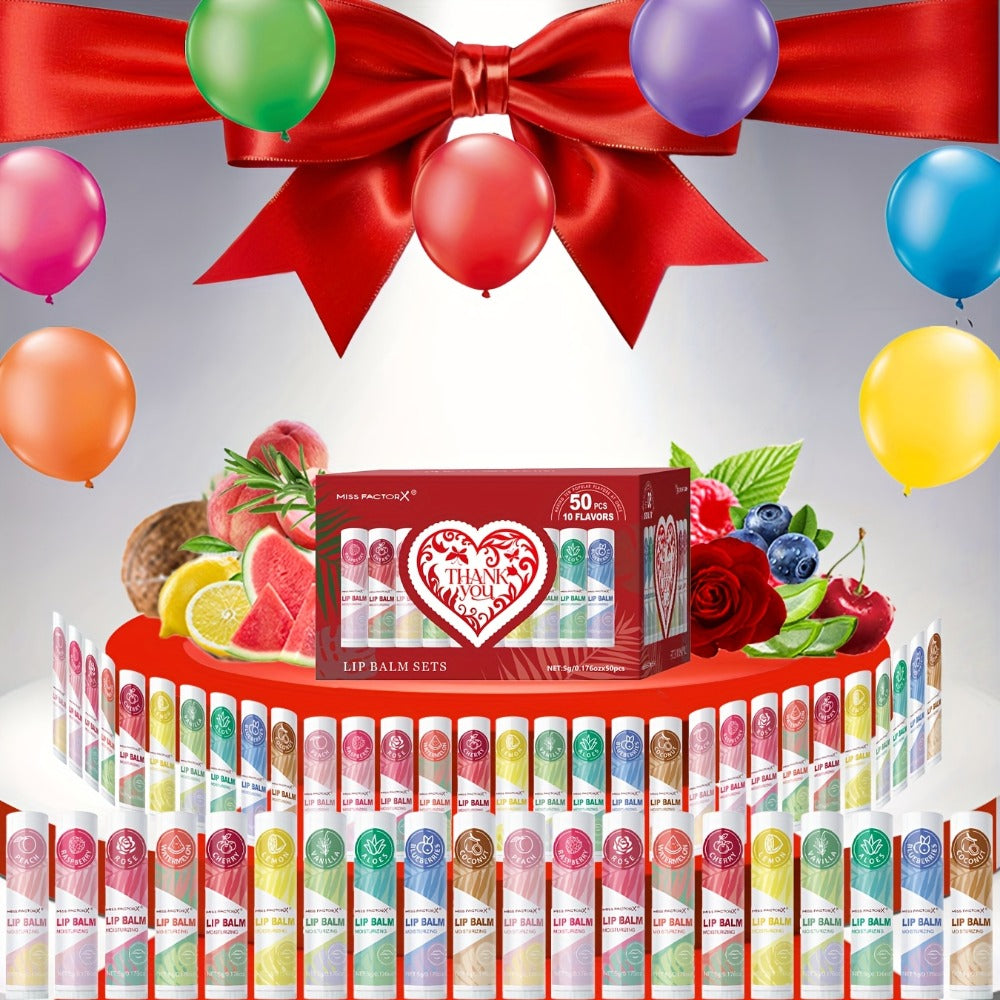 Fruit Flavored Lip Gloss Set 50 Pieces – Moisturizing Lip Balm Kit in 10 Colors, Hydrating Lip Care for Dry & Cracked Lips, Day & Night Use