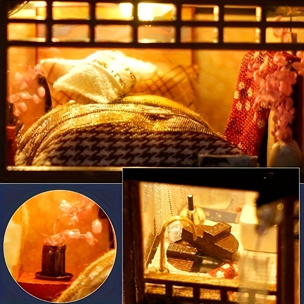 DIY Miniature Dollhouse Kit Sakura Garden Japanese Style, Wooden Tiny House with Tatami Flooring & Furniture