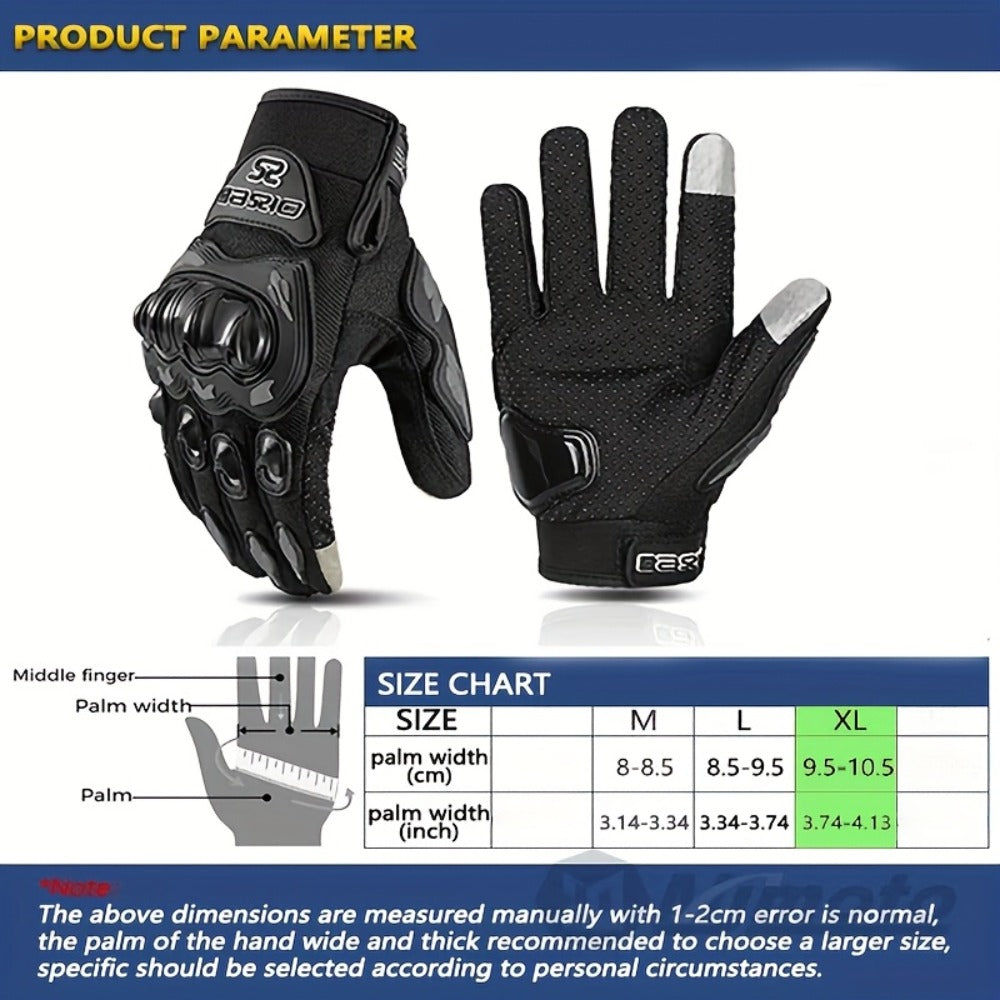 Full-Finger Motorcycle Gloves with Segmented Knuckle Shell, Wrist Tabs, Black or Red in M to XL