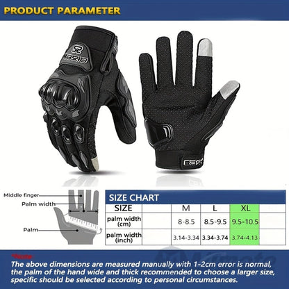 Full-Finger Motorcycle Gloves with Segmented Knuckle Shell, Wrist Tabs, Black or Red in M to XL